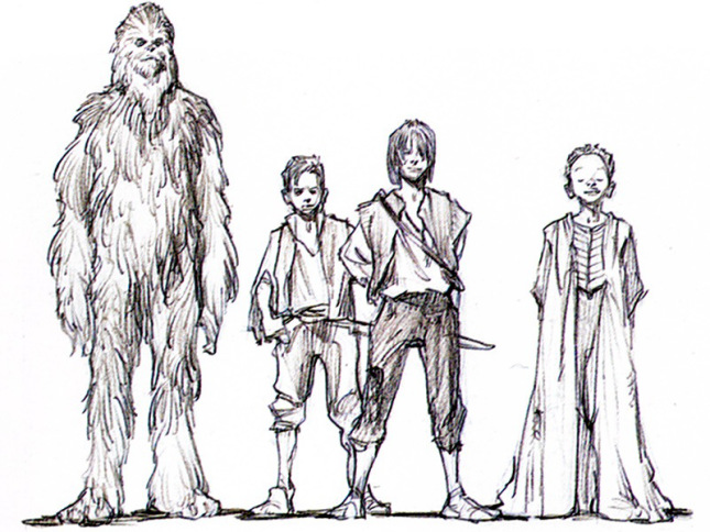 Um jovem Han solo, ao centro, com calças escuras e nos seus 12 anos. Já seria um grande Amigo de Chewbacca!